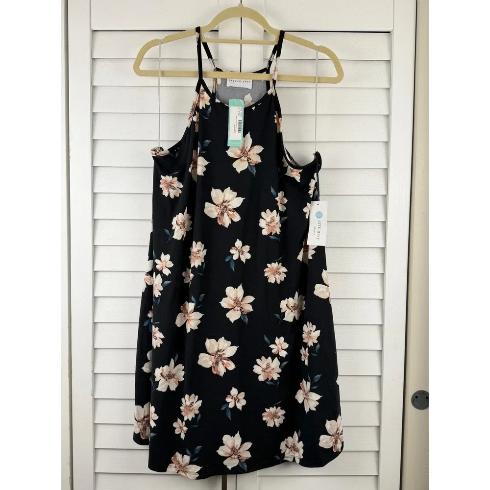 French Grey Melcy Brushed Knit Dress XL Black Floral High Neck NEW